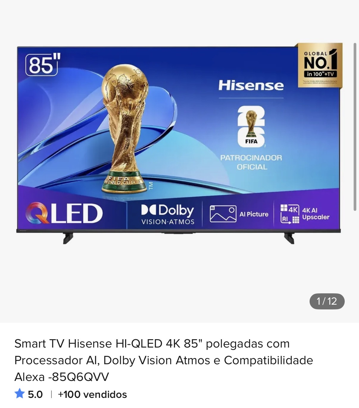 Smart TV Hisense HI-QLED 4K 85" polegadas com Processador Al, Dolby Vision Atmos e Compatibilidade Alexa -85Q6QVV